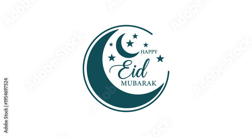 A teal crescent moon and stars with happy eid mubarak text a striking silhouette high quality