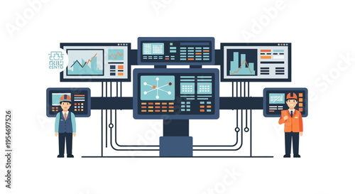 Modern control room with multiple screens displaying data and graphs, attended by two technicians.