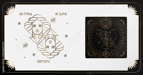 Astrology wheel with zodiac signs on star background. Line art gemini illustration of zodiac signs. 