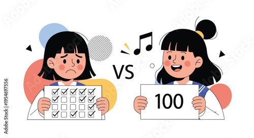 Comparison illustration of a sad schoolgirl with a low test score versus a happy schoolgirl holding a perfect 100 grade paper.