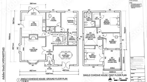 Technical front and side architectural elevation drawings of residential house with exterior facade details and metric scale markers