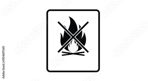 Fire prohibition safety sign with a black flame icon crossed out with an X on a white background to warn against fire hazards.