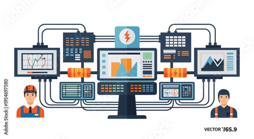 Engineers monitoring complex industrial control systems with multiple screens and data visualizations.