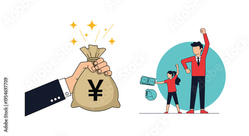 Illustration of a hand holding a bag of money with a Yen symbol beside a father and daughter celebrating financial success.