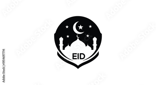 An eid mubarak design featuring a mosque crescent moon and stars in black silhouette high quality