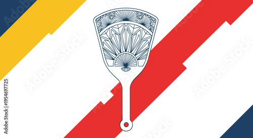 Ornate traditional Japanese hand fan illustration with intricate patterns on a vibrant red, yellow, and blue geometric background.