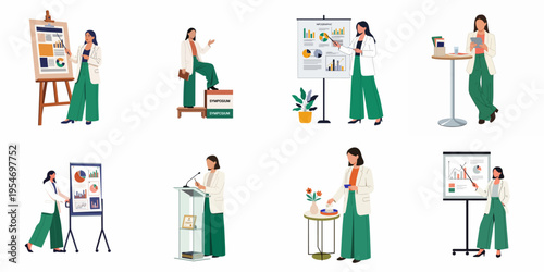 Flat Illustration Set of a Professional Businesswoman Giving Presentations, Speaking at a Symposium, and Working in an Office Environment.