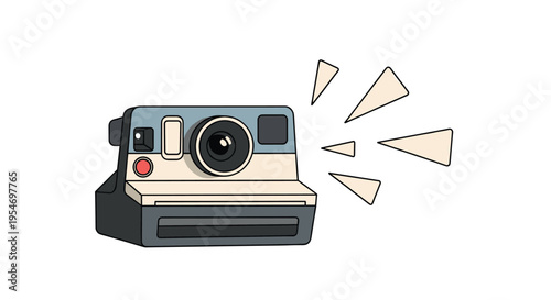 Vintage style illustration of an instant film camera with decorative burst lines on a white background for photography themes.