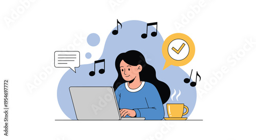 Illustration of a happy young woman sitting at a desk and working on a laptop while listening to music with floating notes.