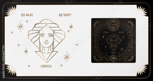 Astrology wheel with zodiac signs on star background. Line art virgo illustration of zodiac signs. 