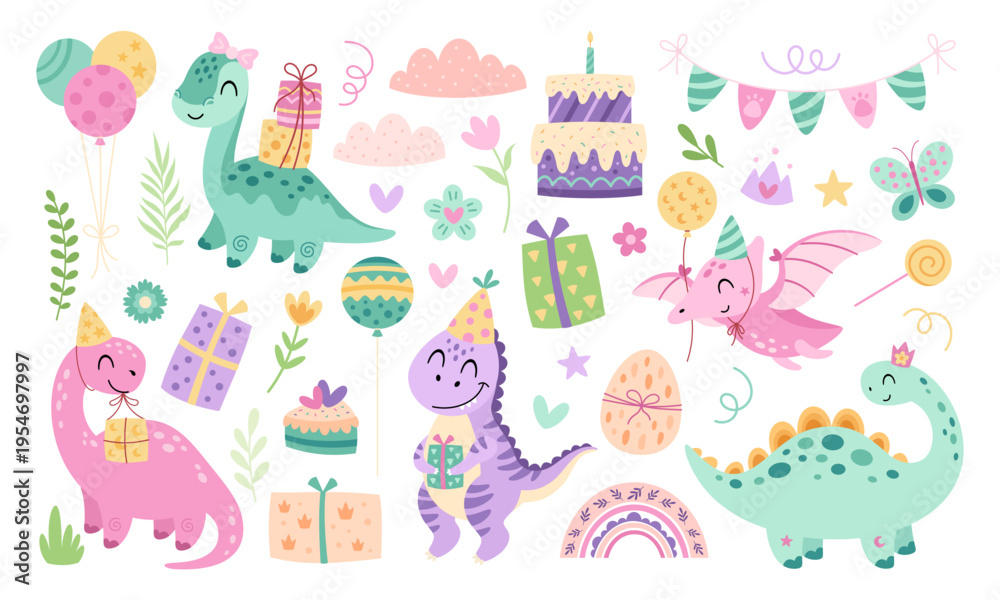 Fototapeta premium Birthday Girl Clipart Set with Festive Dinosaurs, Cake, Gifts, Balloons. Colorful Kids Party Decor. Cartoon Hand Drawn Vector Illustrations.