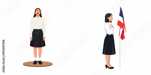 Flat illustration of schoolgirls in uniforms singing the national anthem and performing a patriotic ceremony with a flag on a white background.