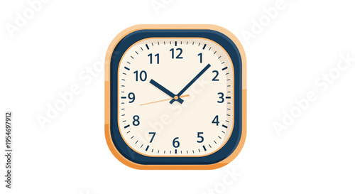 Modern square wall clock with blue frame and clear white face showing time isolated on a white background for design.