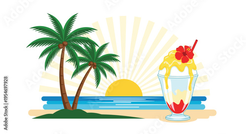 Tropical beach landscape with palm trees at sunset and a colorful shaved ice dessert in a tall glass cup for summer holiday.