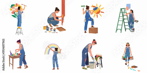 Illustrations of a creative young woman in denim overalls engaged in various painting activities, including mural art, home decoration, and color mixing.