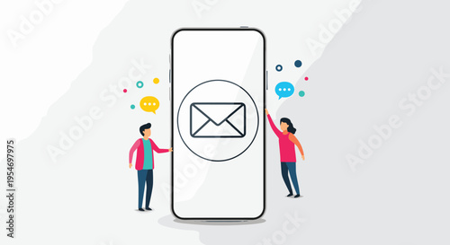 Tiny man and woman standing by a giant smartphone featuring an email envelope icon and colorful speech bubbles for communication.