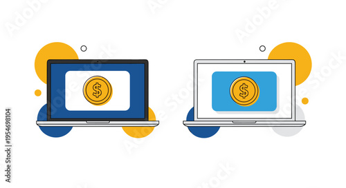 Two laptop computers, one dark and one light, each displaying a golden dollar coin on the screen for online payment concepts.