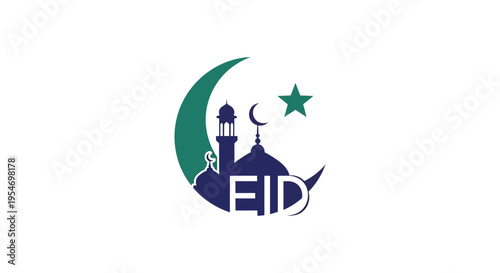 A vibrant eid al fitr graphic showcasing a mosque and crescent moon silhouette high quality professional detailed