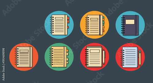 Collection of various colorful notebook and journal icons with pens on a dark gray background for planning and education.