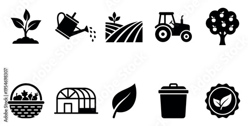 Collection of black flat icons representing various aspects of agriculture, including plant growth, watering, farming equipment, and harvest.