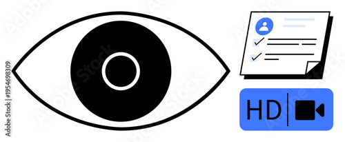 Black eye icon next to a profile checklist and HD video icon for themes thumbs up vision, identity verification, surveillance, monitoring, media quality, data security, simple flat metaphor
