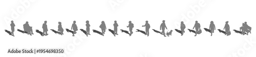 A collection of Diverse top view silhouette vector People Walking, Sitting, Standing with gray shadows underneath, useful for realistic architectural plans. Overhead perspective illustration