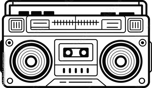 Vintage boombox illustration, retro cassette player drawing, classic music stereo art, 1980s portable radio design, black and white sketch