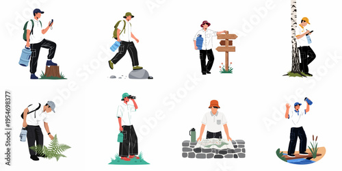 Collection of flat vector illustrations depicting a male explorer engaged in various outdoor activities like hiking, navigating, and nature observation.