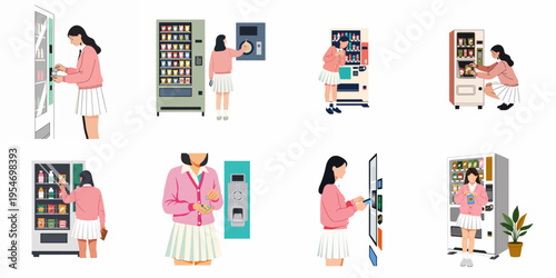 Illustrations of a school girl in uniform interacting with different vending machines to purchase snacks and drinks with coins and credit cards.