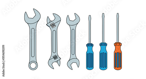 Collection of various hand tools including wrenches and screwdrivers with blue and orange handles for repair and DIY.
