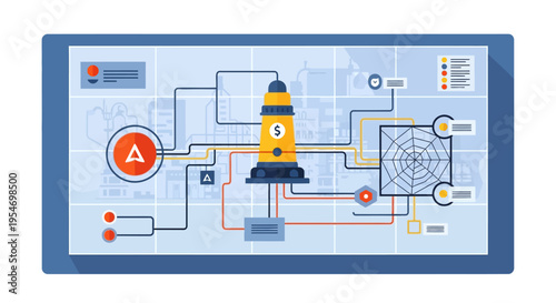 A complex schematic diagram illustrating a technological system with interconnected components and control interfaces on a digital display.