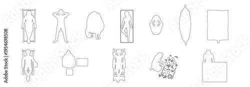 Top view people relaxing at home and outdoors outline set, sleeping, resting, gardening, reading, bathing, lounging in chair, bed, hammock and pool float line art vector collection