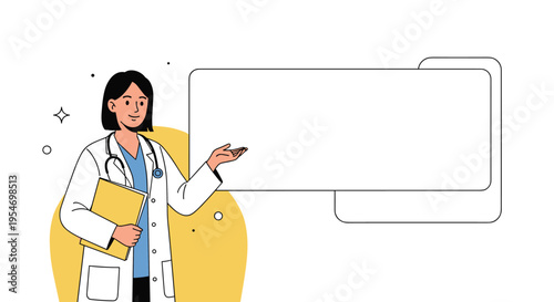 Smiling female doctor in a lab coat pointing towards an empty horizontal white speech bubble frame for medical tips.