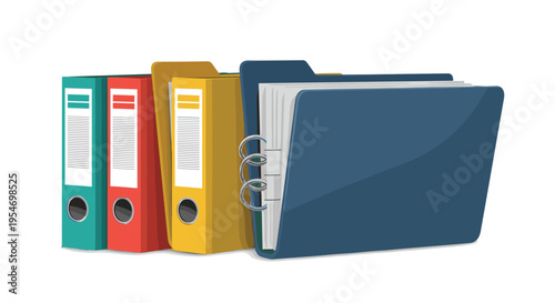 Set of three standing ring binders in teal, red, and yellow next to a large blue open document folder with papers.