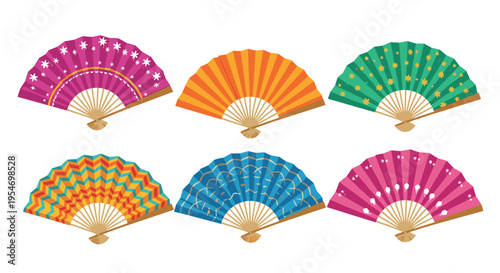 Collection of six colorful folding hand fans with various patterns like stars, zig-zags, and waves for summer cooling.
