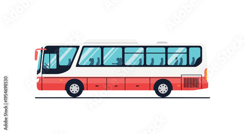 Side view of a modern red and white passenger bus with blue windows and visible silhouettes of people traveling inside.