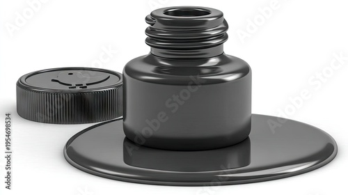 Glossy Black Ink Bottle Spilling Ink on White Surface with Cap Nearby