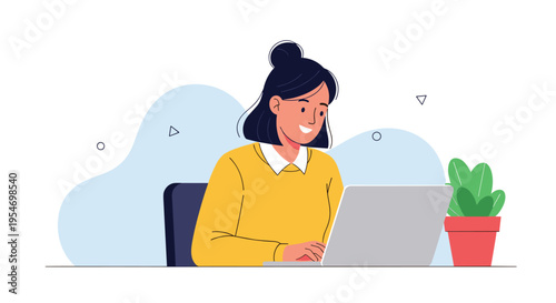 Young woman with hair in a bun sits comfortably at a desk while working on her laptop computer in a home office setting.
