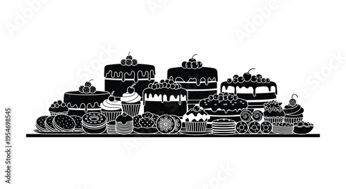 A delightful collection of various cakes cupcakes and pastries presented in black silhouette high quality professional