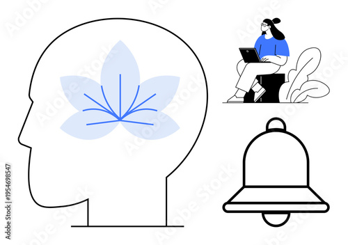 Mental wellness. Mental wellness with a head and a flower alluding to mindfulness. Mental wellness relevant to remote work happiness, focus, lifestyle balance. Great for tech, business, health