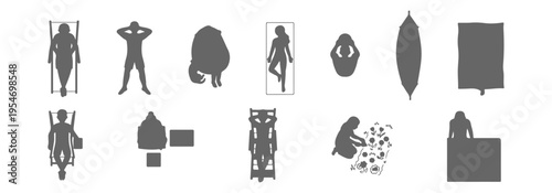 Top view people relaxing at home and outdoors silhouette set, sleeping, resting, gardening, reading, bathing, lounging in chair, bed, hammock and pool float vector collection