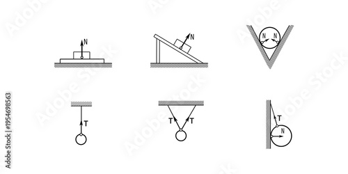 Photography Educational physics illustration showing forces acting on a body supported by a surface and attached to a string