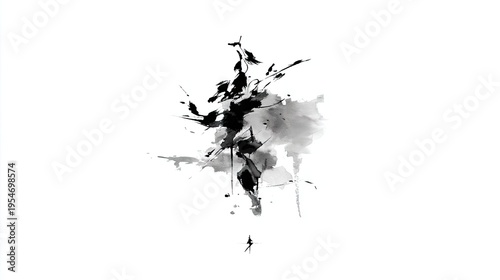 Monochrome Ink Blossom Abstract Splash on White Background