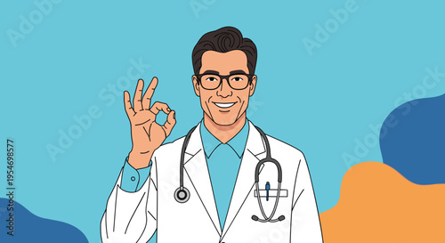 Friendly male doctor wearing glasses and a stethoscope smiles warmly while making an ok hand gesture against a blue background.