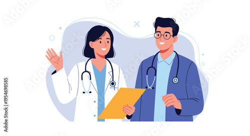 Professional medical team consisting of a male and female doctor in lab coats discuss patient information using a clipboard.