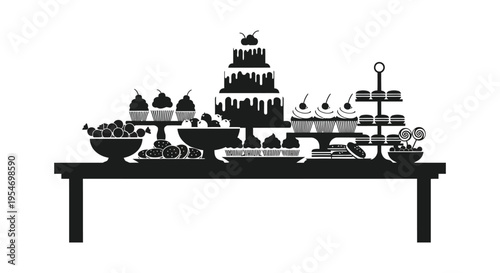 A delightful arrangement of cakes cupcakes and sweets displayed on a table silhouette high quality professional