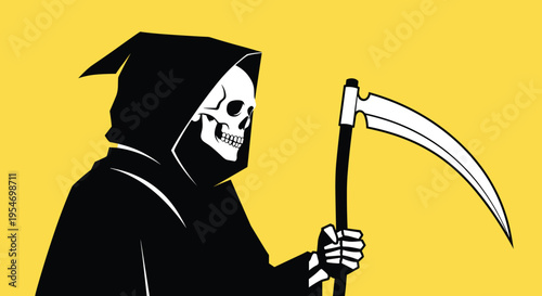 Grim Reaper figure in a black hooded cloak holds a sharp silver scythe against a vibrant solid yellow background.