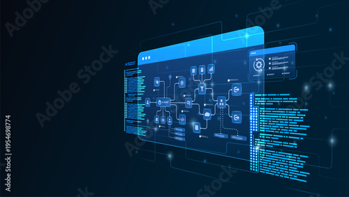 AI workflow automation artificial intelligence. ai agent network node diagram dashboard machine learning system with automation flow process, coding and automation flow system.