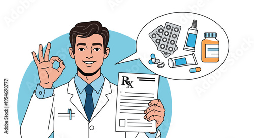 Smiling doctor in a lab coat gives an ok sign while holding a prescription form with medication icons in a thought bubble.