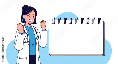 Cheerful female doctor with hair in a bun winks and raises her fists in celebration next to a large blank spiral notebook.